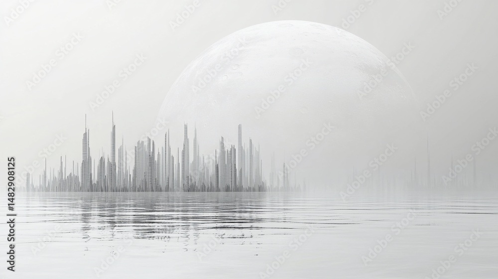Naklejka premium Monochromatic serenity: A city reflecting beneath a celestial orb in ethereal light