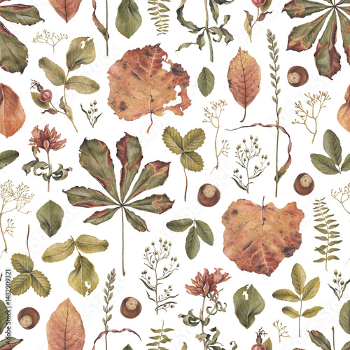 Elegant hand drawn pattern design with illustrations of dried herbs, leaves and flowers. Perfect for home textile, wallpapers, fabrics, apparel, packaging design, stationery and other printed goods