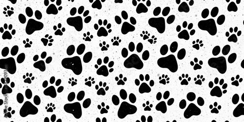Monochrome seamless pattern of various animal paw prints, grunge texture,  footprint,  texture