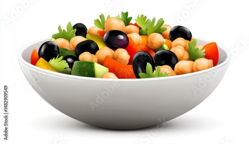 Fresh Healthy Salad with Chickpeas, Vegetables and Olive Topping