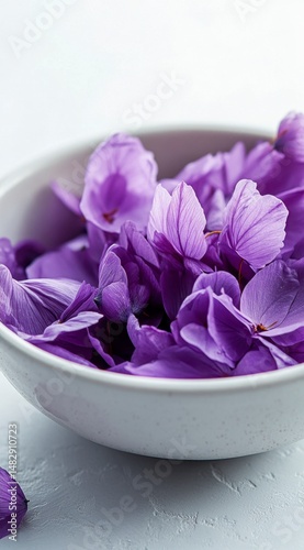 Fresh Purple Flower Petals in White Bowl on Light Background