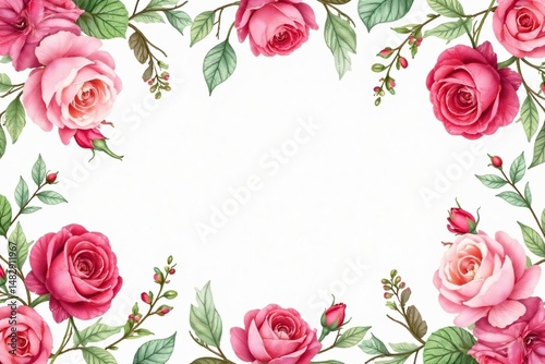 Delicate watercolor roses & leaves, repeating pattern, red, summer