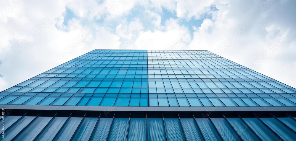 Fototapeta premium Modern building rooftop, blue & white glass facade, geometric lines, cloudy sky, low angle, skyscraper, glass panel
