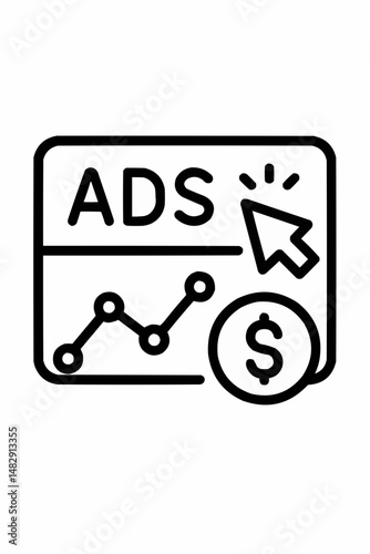 Minimal ad banner icon with a blinking cursor and simplified statistics graph.