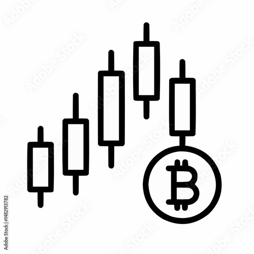 Minimalist candlestick chart with a crypto coin symbol (₿) in the corner. Clean and balanced lines.