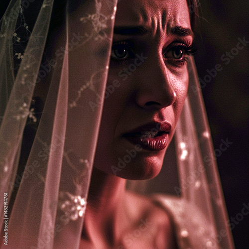 Crying bride with veil in emotional portrait