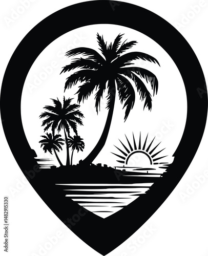 Tropical Destination Symbol Set Featuring a Location Pin Containing a Scenic Illustration of Two Palm Trees on a Small Landmass, A Rising or Setting Sun with Radiating Rays, and Water Reflections