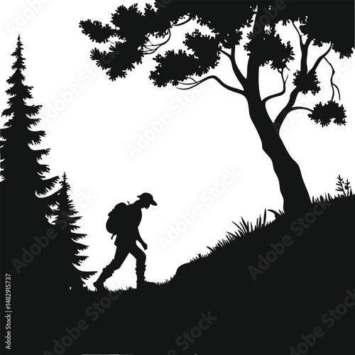 Silhouette of a hiker trekking uphill in a forest amongst trees and nature