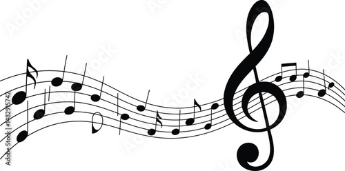 Illustration of a treble clef and musical notes on a staff in black and white design style art