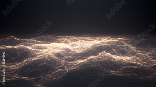 Glowing network of interconnected lines forms dynamic wave pattern, creating abstract digital landscape with futuristic and energetic feel