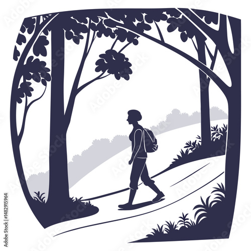 Silhouette of a woman hiking on a forest trail with trees and foliage in nature