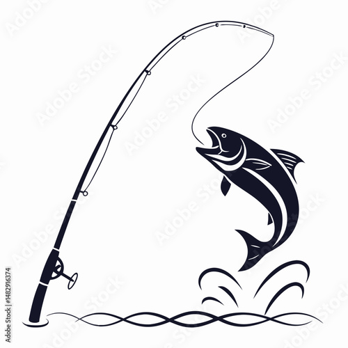Fishing themed graphic silhouette showing a jumping fish hooked to a fishing rod on white background
