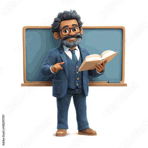 Charming cartoon vector of a male teacher standing by chalkboard with book in hand white background 