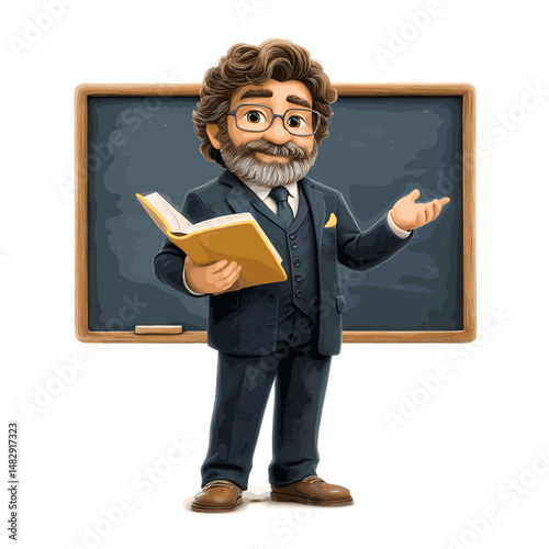 Charming cartoon vector of a male teacher standing by chalkboard with book in hand white background 