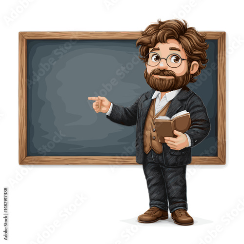 Charming cartoon vector of a male teacher standing by chalkboard with book in hand white background 