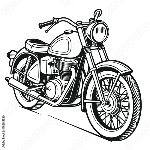 Classic black and white motorcycle illustration depicting a vintage cruiser design