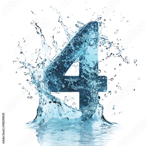 Dynamic Number Four Splash Water Effect in Motion with Ice and Liquid Splashes for Design Projects