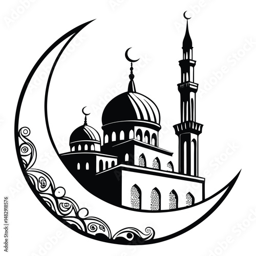 Silhouette illustration of a mosque with crescent moon for islamic religious concepts