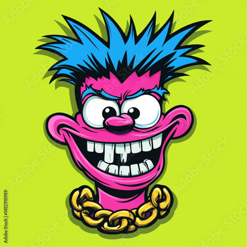 Funny Punk Style Mascot Illustration – Wild Expression, Chain Necklace, and Vibrant Colors