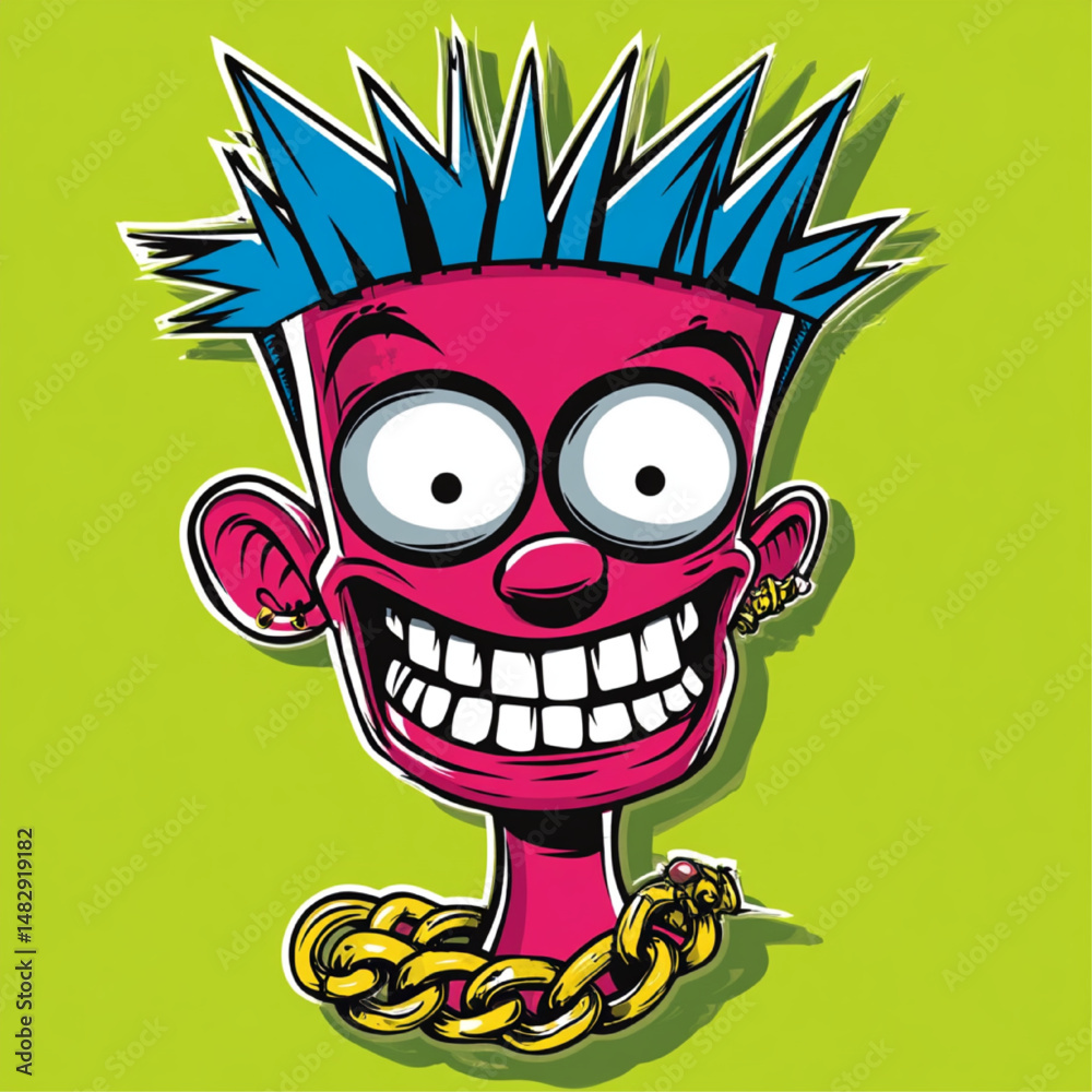 Fototapeta premium Goofy Cartoon Character with Pink Skin, Crazy Blue Hair, and Big Smile on Neon Background