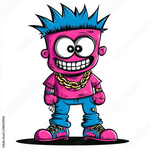 Funny Pink Cartoon Character with Blue Spiky Hair, Goggles, Gold Chain, and Sneakers – Vector Mascot on White Background
