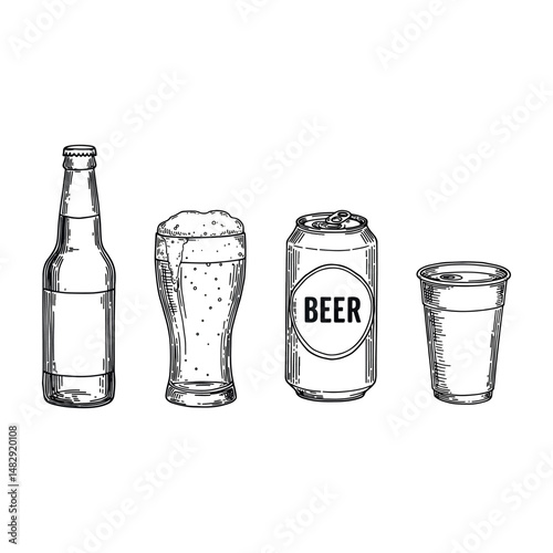Different Beer Containers-Bottle, Glass, Can, Plastic Cup.