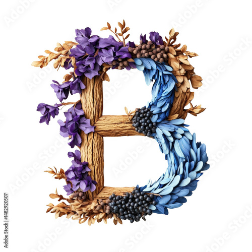 Beautiful decorative wooden letter B surrounded by vibrant purple and blue flowers and natural foliage for craft projects