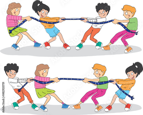 Cartoon little kids pulling rope. Young children playing tug of war. Science force and motion.