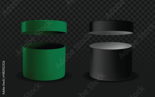 Realistic vector graphic of green and black cylindrical containers with open lids. Isolated packaging objects perfect for cosmetic, food, retail, or mockup design projects.