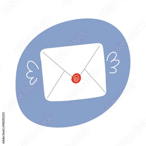 Cute flying envelope with red wax seal. Hand-drawn mail icon with wings, isolated on white background. Minimal flat vector illustration for email, message, communication, or postal service concepts
