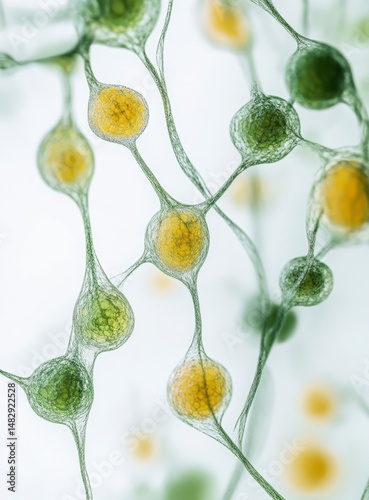 Cellular Structures in Green and Yellow Tones Under Microscopic View