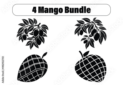 Four Mango Illustrations Bundle of Black and White Mango Designs