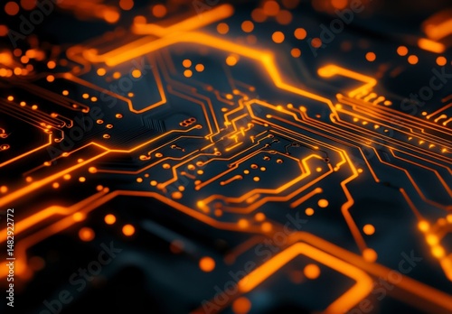 Futuristic Circuit Board Design with Glowing Orange Lines and Nodes