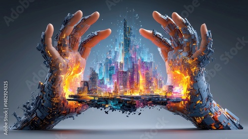 Futuristic Hands Guarding Time, a vivid portrayal of advanced technology shielding the essence of time amid the backdrop of dynamic economic growth and progress.