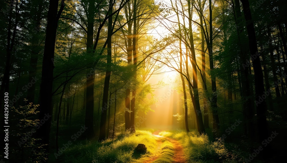 Obraz premium A serene forest scene bathed in golden sunlight