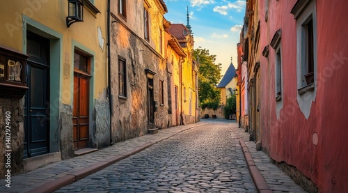 Charming cobblestone alleyway in a historic European town