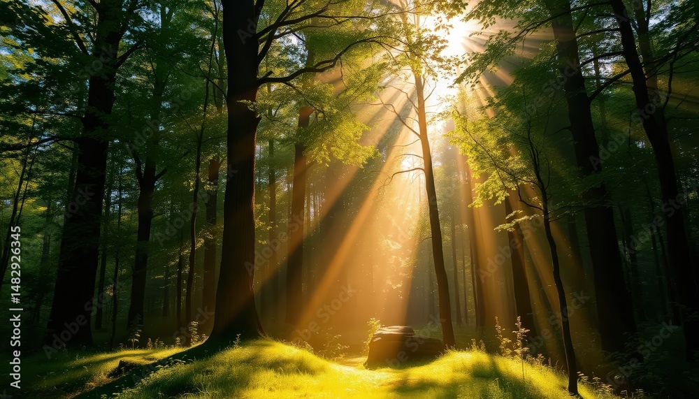 Naklejka premium A serene forest scene bathed in golden sunlight