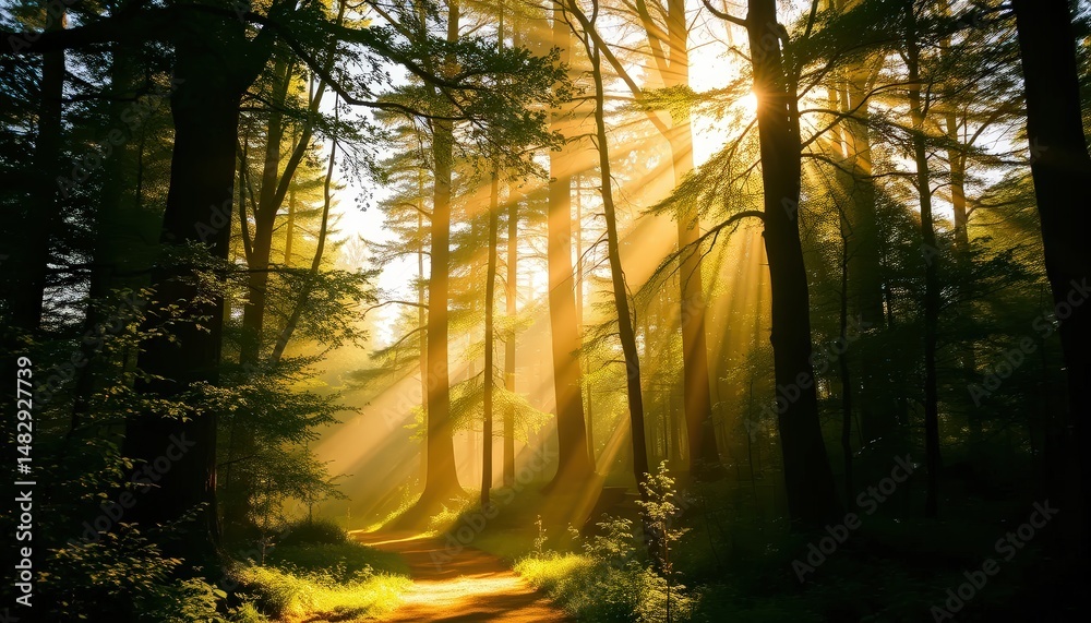 Naklejka premium A serene forest scene bathed in golden sunlight