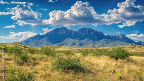 A panoramic view of a vast landscape featuring rolling hills and mountain ranges in the background, with snow-capped peaks.