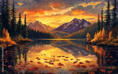 Calm lake reflects fiery sunset amid silhouetted pines and distant mountains in the autumn