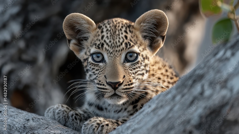 Fototapeta premium Curious young leopard cub resting on a weathered tree branch in a dense forest