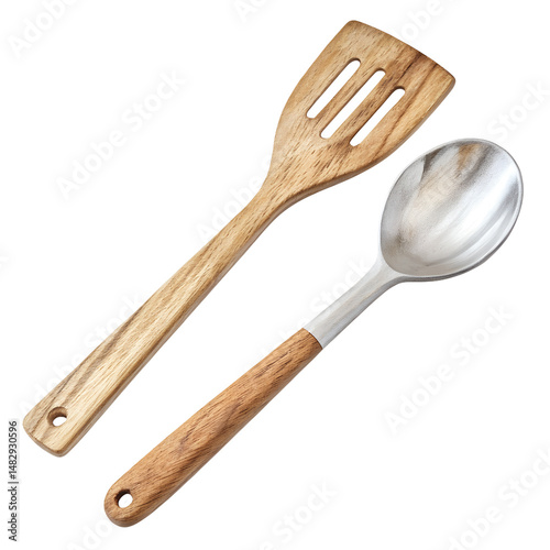Watercolor Wooden kitchen spatula spoon silverware simplicity isolated on transparent background