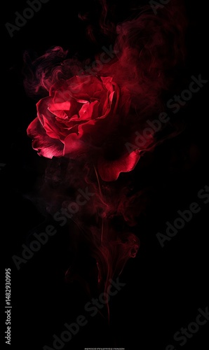 Elegant crimson rose is surrounded by wispy smoke against a black background perfectly