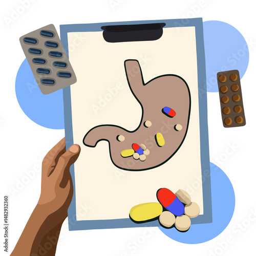 Vector isolated illustration of human stomach with pills and capsules in it. Probiotics to restore the microflora of the stomach. A picture of a stomach with probiotics.
