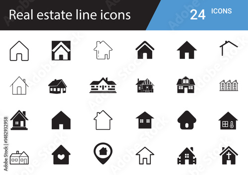 Real Estate Icons set Property, Home, Rent, Sale, Realtor, Investment, Building, Apartment, Mortgage, Lease, Contract, Location, Housing, Agent, House, Deal, Map, Buyer, Seller, Loan, Ownership, Key