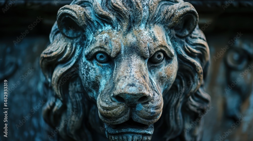 Intricate details of a lion-shaped stone spout featuring stunning patina texture captured in a macro perspective Intricate details of a lion-shaped stone spout featuring stunning patina texture captured in a macro perspective