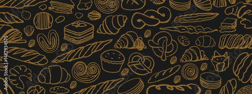 Isolated vector set of Bakery. Hand drawn and chalked cookies, barolls, pies, cakes, pastries, croissants.. Vintage template with pastries sketch. Fresh bakery. Shop. Template.