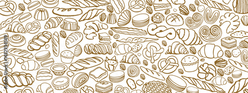 Isolated vector set of Bakery. Hand drawn and chalked cookies, barolls, pies, cakes, pastries, croissants.. Vintage template with pastries sketch. Fresh bakery. Shop. Template.