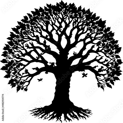 A detailed black silhouette of a robust oak tree, complete with intricate branches, lush leaves, and visible roots, symbolizing strength and nature.