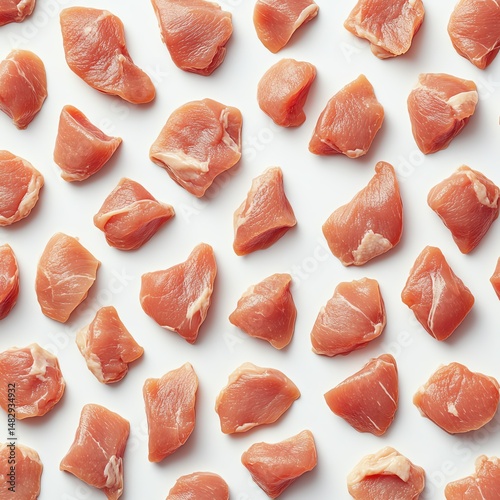 Scattered pieces of raw meat on a white surface.